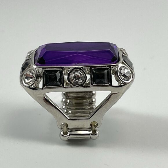 Silver Tone Stretch Band Ring Purple Radiant Cut Glass Cocktail Halo Statement - Picture 3 of 6